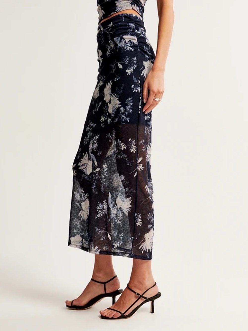Abercrombie and Fitch Sheer Floral Midi Skirt in Navy and White petite